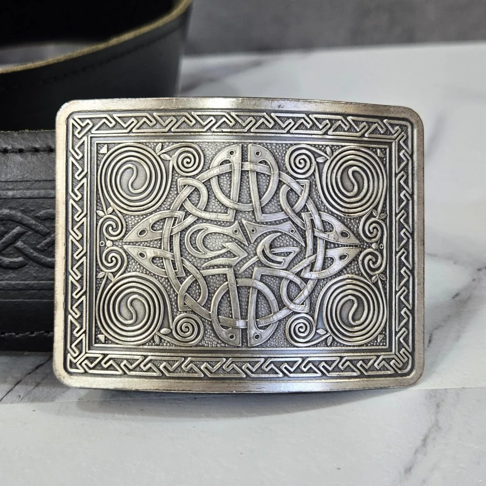 Celtic Knot Embossed Leather Belt Mens Large Black Silver Buckle Western